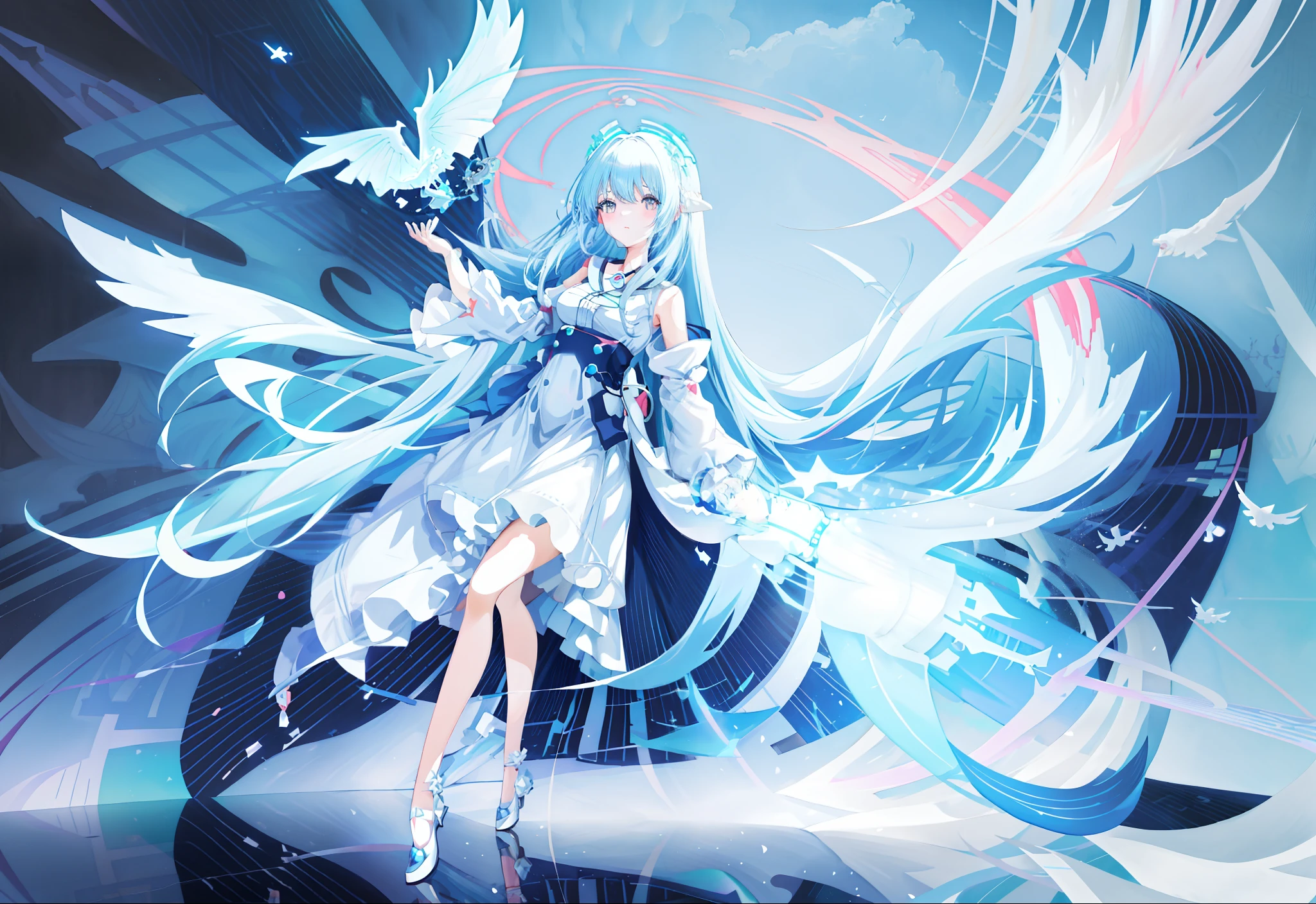 Anime girl with blue hair and white dress holding white object, full body adoptable, long haired humanoid fursona, rimuru tempest, White-haired god, sky witch, anime girl with cosmic hair, Anime monster girl, astral fairy, character adoptable, astral ethereal, Anime goddess, shirabii, furaffinity fursona, celestial aura，high-heels