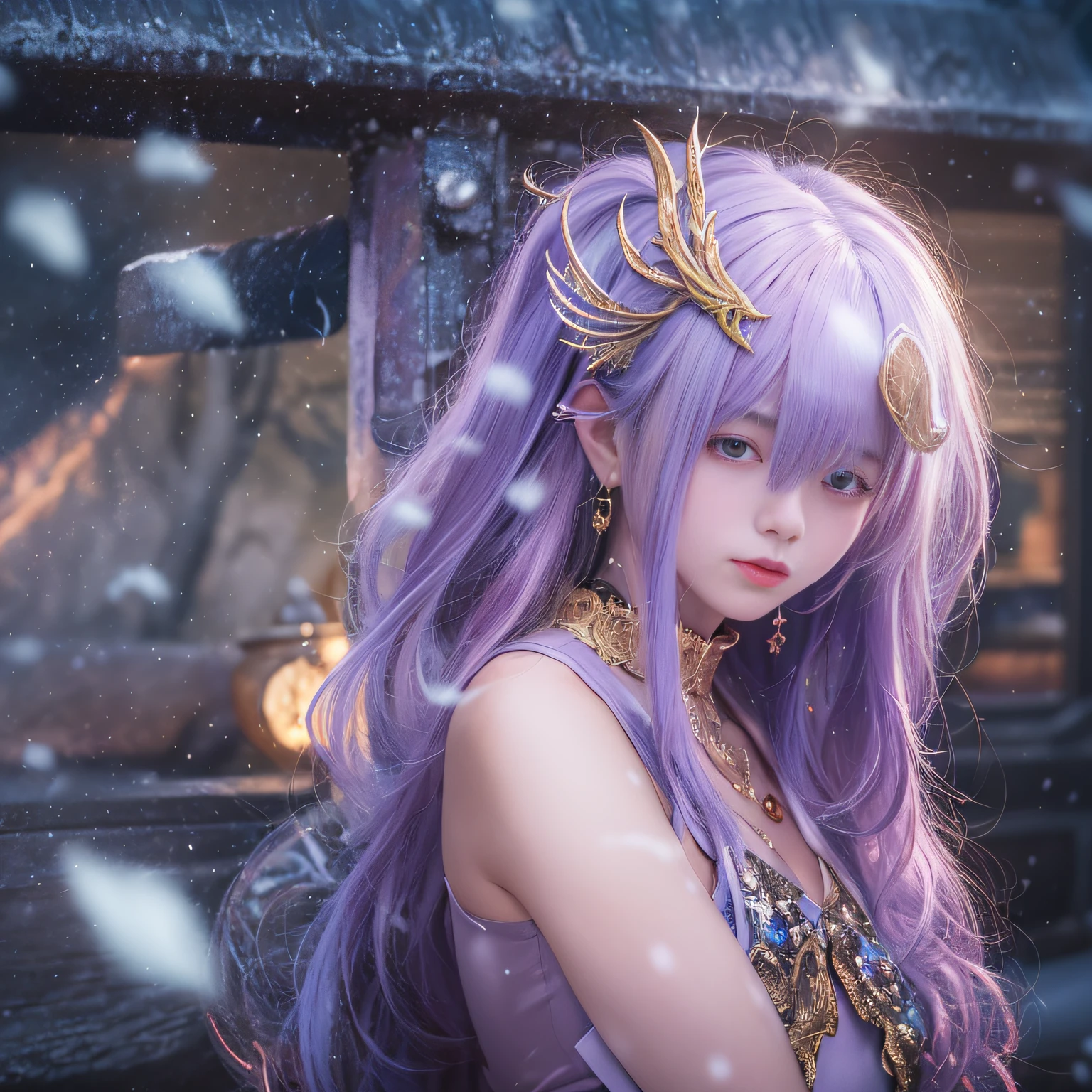 16k（tmasterpiece，k hd，hyper HD，16k）short detailed hair，Vintage train sleeper area，Snow Circle Witch ，Two Golden Dragon Protectors （realisticlying：1.4），Python robe，Purple apron，Snowflakes fluttering，The background is pure， A high resolution， the detail， RAW photogr， Sharp Re， Nikon D850 Film Stock Photo by Jefferies Lee 4 Kodak Portra 400 Camera F1.6 shots, Rich colors, ultra-realistic vivid textures, Dramatic lighting, Unreal Engine Art Station Trend, cinestir 800，