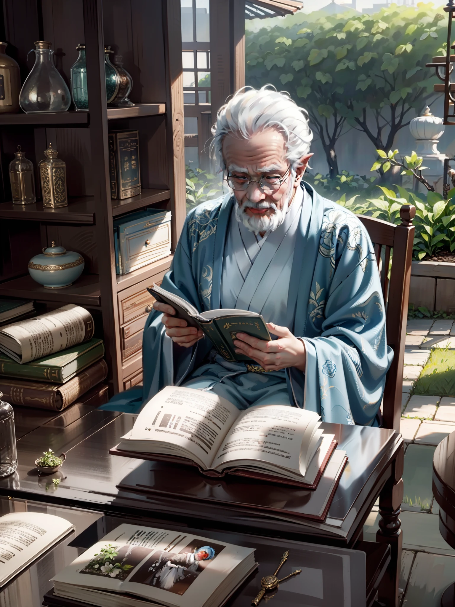 超清，Hanfu，自然光，慈祥的老人，我正在阅读医学书籍研究，地上有草药，背景是风景