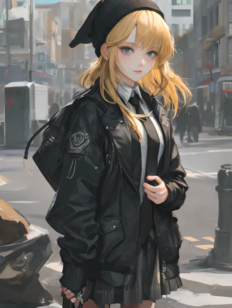 Anime girl with blonde hair, wearing black beanie, wearing awhite t shirt, black jacket with black necktie