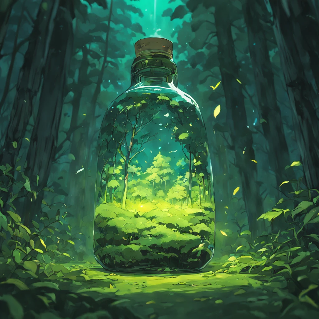 (An intricate forest minitown landscape trapped in a bottle), atmospheric oliva lighting, on the table, 4k UHD, dark vibes, hyper detailed, vibrant colours forest background, epic composition, octane render, sharp focus, high resolution isometric