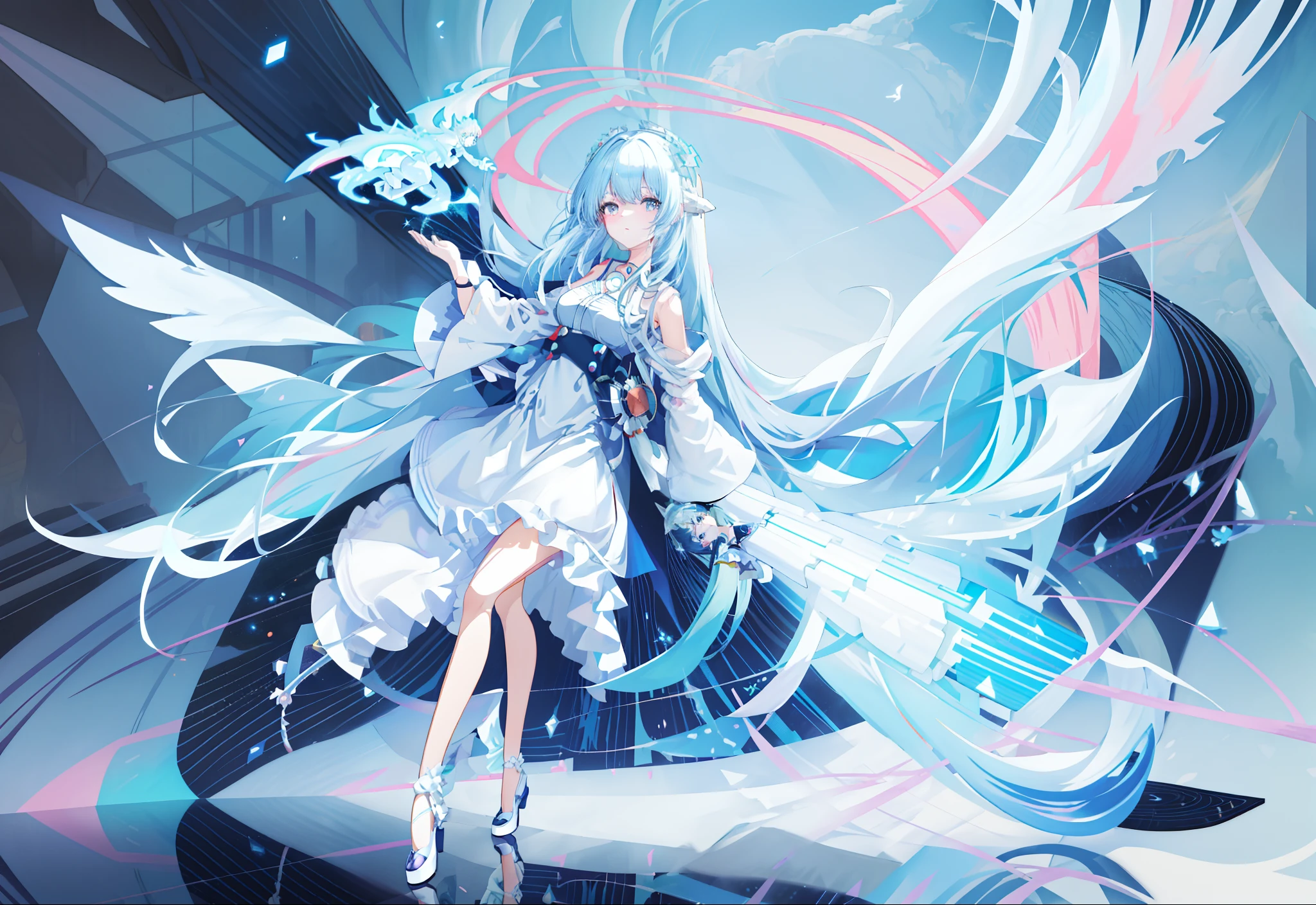 Anime girl with blue hair and white dress holding white object, full body adoptable, long haired humanoid fursona, rimuru tempest, White-haired god, sky witch, anime girl with cosmic hair, Anime monster girl, astral fairy, character adoptable, astral ethereal, Anime goddess, shirabii, furaffinity fursona, celestial aura，high-heels