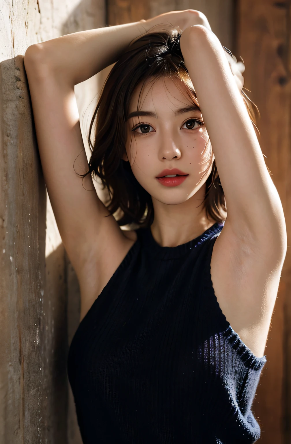 (Show underarms、A hyper-realistic、Armpit、Detailed armpit wrinkles、Detailed armpit pores、Black armpit skin、Black underarms), (illustratio), (hight resolution), (8K), (ighly detailed), (The best illustrations), (armpit pose、beatiful detailed eyes), (top-quality), (Ultra-detail), (​masterpiece), (wall-paper), (Detailed face), 18 year old girl,Show beautiful armpits,Brown hair,Short or medium hair,Upper body only,Girl in dark blue sweater without sleeves, japanes,