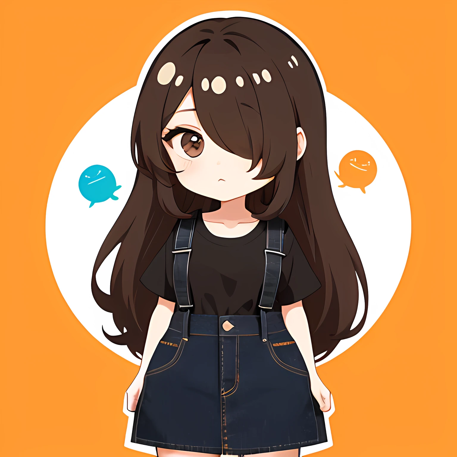 Hair over one eye、One Woman, 独奏, (twitch emote:1), Chibi, Brown hair, Black eyes, , comic strip, white backgrounid, a sticker, Thick black outline,Denim dresses、Black blouse、hair down、Orange hair、、brown haired、Denim Long Skirt