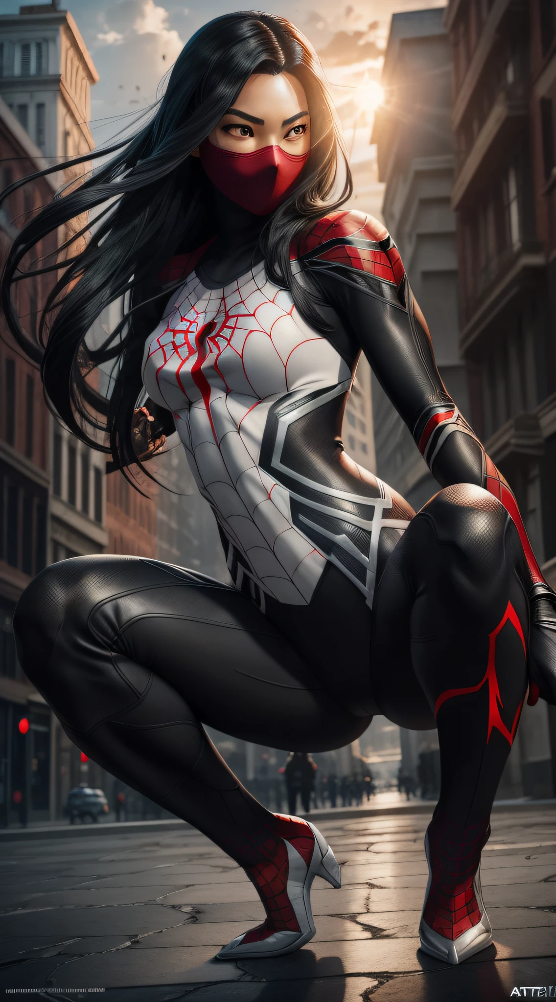 A woman in a spider - man suit crouches down on the street - SeaArt AI