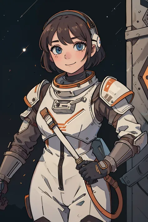 professional artwork, detailed eyes, beautiful eyes, beautiful face, flawless face, gorgeous face, smooth features, blush, short hair, beautifully detailed background, adventurous astronaut knight in armored space suit holding glowing sword made of light, ...