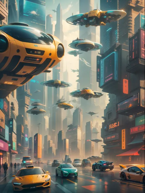 Futuristic cityscape with flying cars and colorful skyscrapers