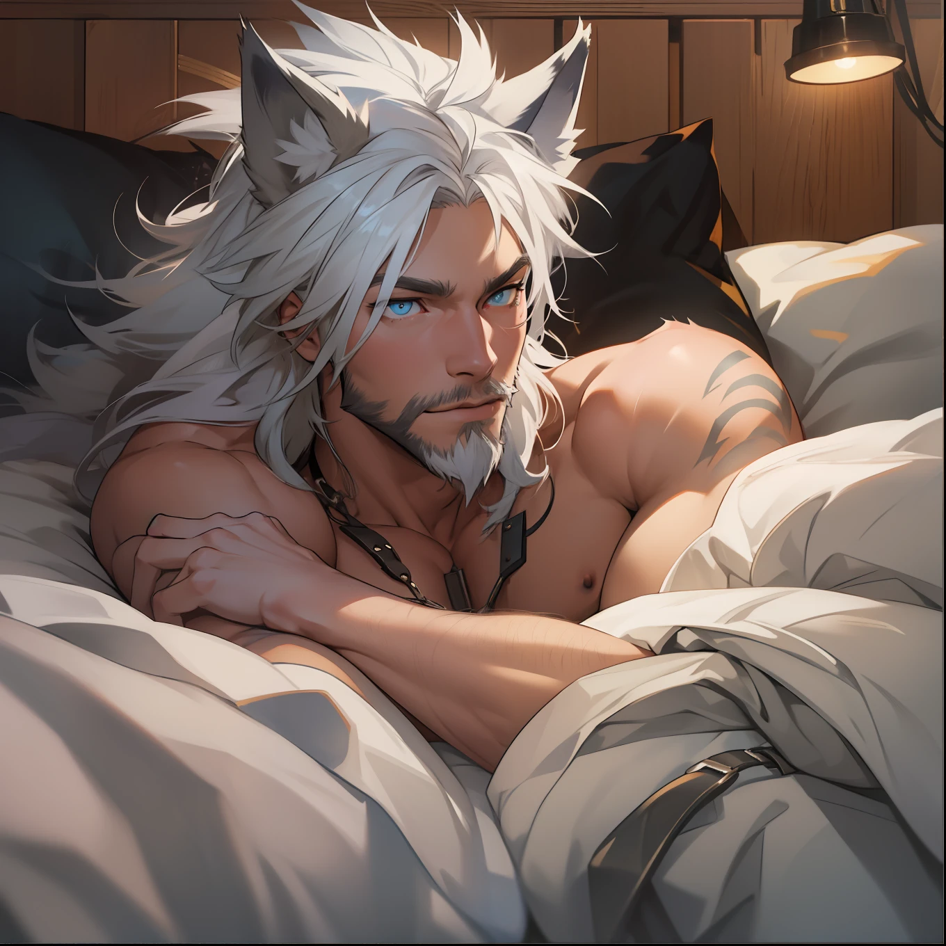 athletic Male with light beard, has flowing white hair, has wolf ears, has wolf tail, shirtless, playful, solo, alone, has bright blue eyes, , relaxing on a bed, wearing leather collar, is alone, by himself, no dog