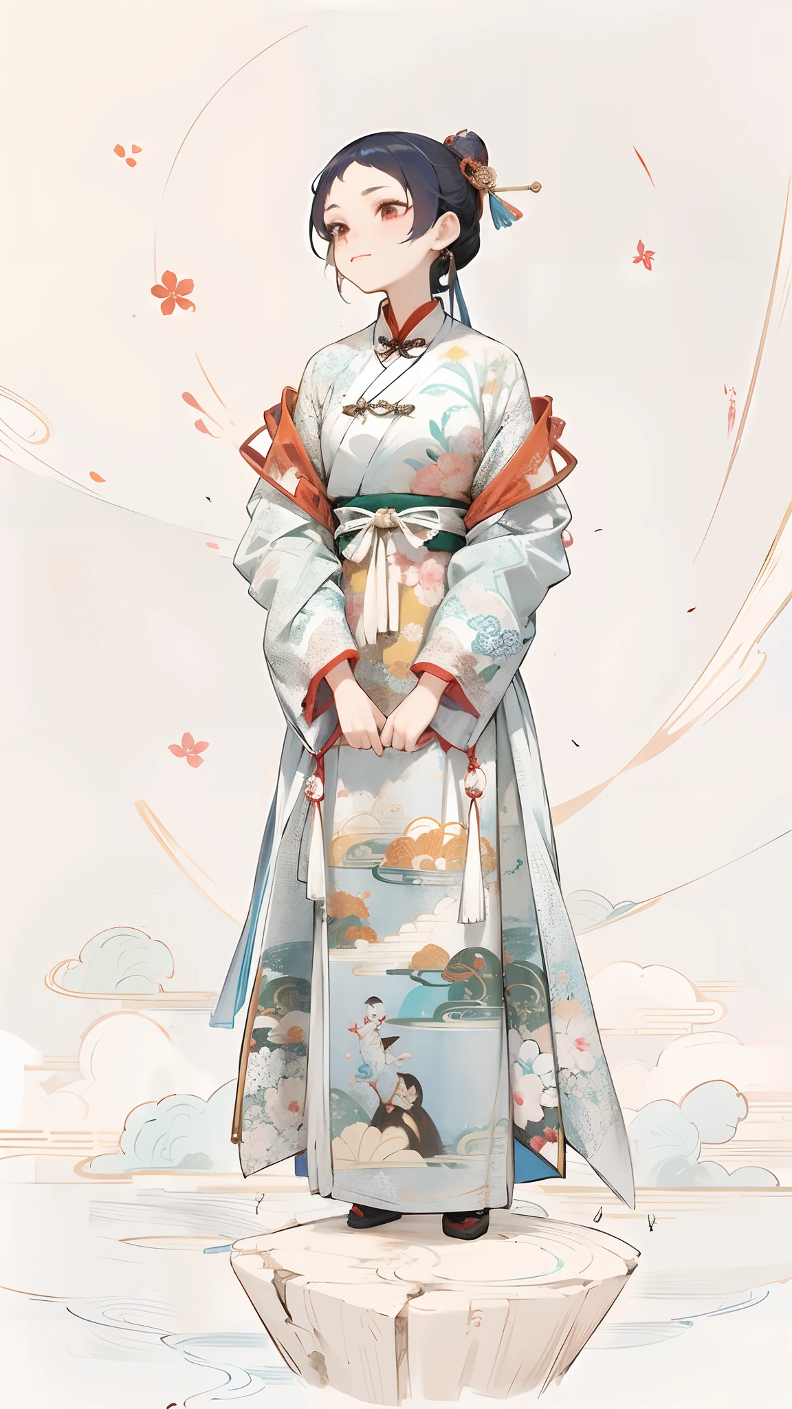 A woman in a kimono stands on a rock, Palace ， A girl in Hanfu, Wearing ancient Chinese clothes, Hanfu, White Hanfu, Traditional Chinese clothing, Beautiful character painting, inspired by Ma Yuanyu, pale and coloured kimono, with acient chinese clothes, Chinese painting style, author：Qu Leilei, wearing ornate silk clothes, flowing magical robe