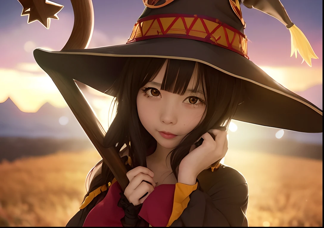 Menina do anime no chapéu da bruxa com dedos apontados, Megumin, Megumin de Konosuba, meio invocador meio Megumin, mago de cabelo preto, Konosuba, glamour anime bruxa lançando magia, estilo anime konosuba, Também, garota bruxa, academia de bruxas, uma jovem feiticeira, estilo de arte anime moe