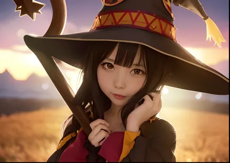 Anime girl in witch hat with pointed fingers, Megumin, megumin from konosuba, half invoker half megumin, black - haired mage, Ko...