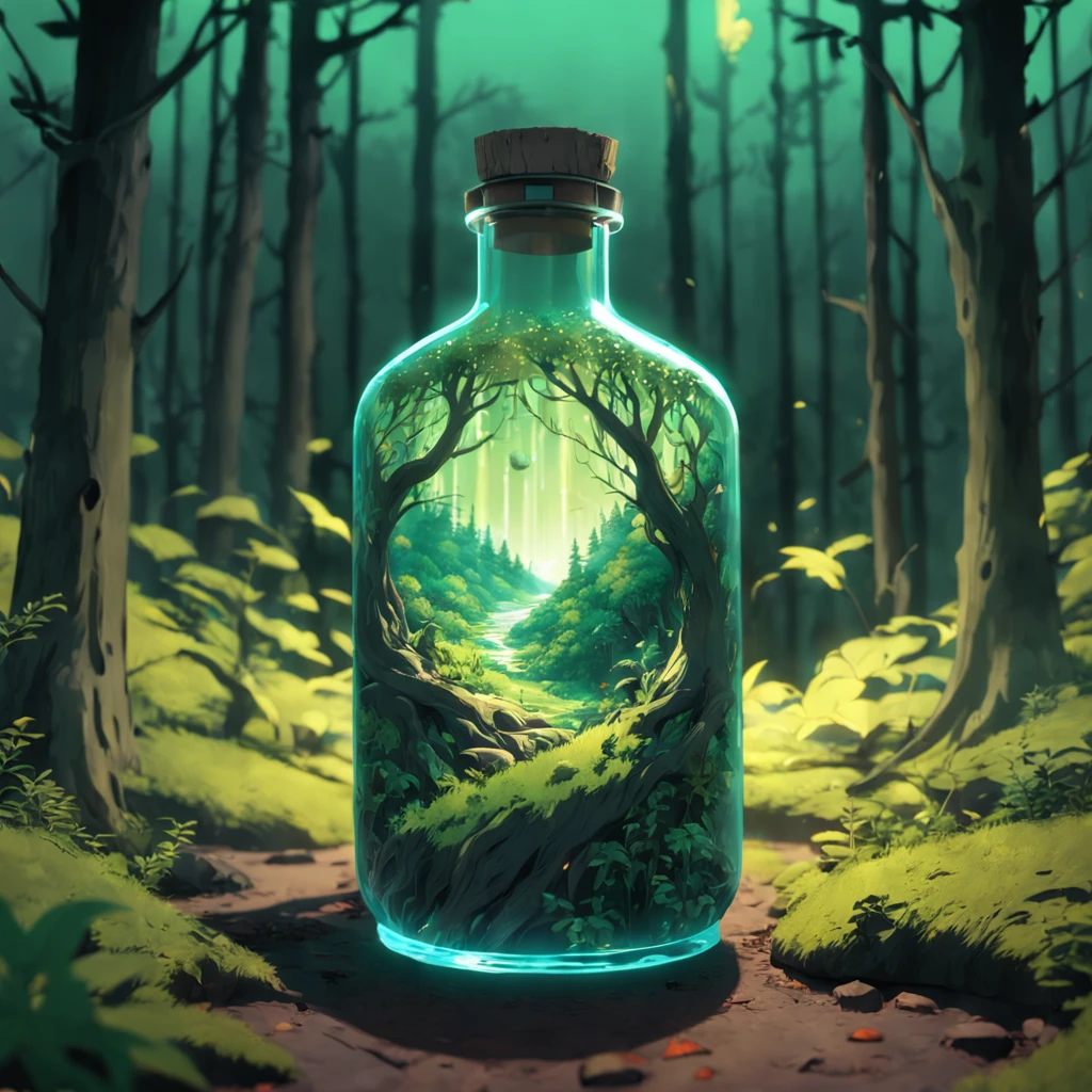 (An intricate forest minitown landscape trapped in a bottle), atmospheric oliva lighting, on the table, 4k UHD, dark vibes, hyper detailed, vibrant colours forest background, epic composition, octane render, sharp focus, high resolution isometric