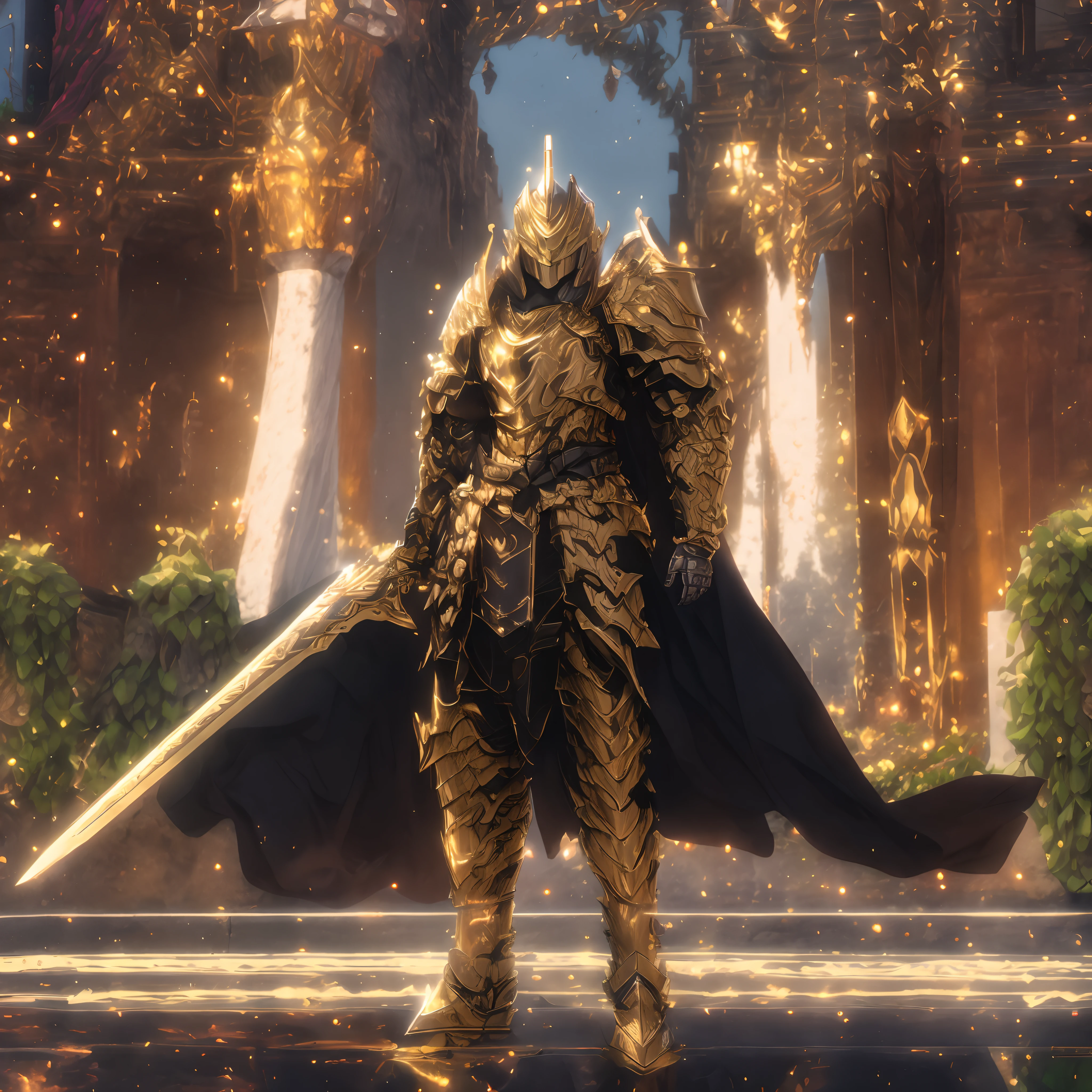 Arafed Bild eines männlichen Ritters in Rüstung, der vor einer Burg steht, picture of male Paladin, gold Paladin, male Paladin, Paladin golden armor, gorgeous male Paladin, epic Paladin armor, holy Paladin, Paladin armor, fantasy Paladin, Paladin, portrait of male Paladin, male Paladin