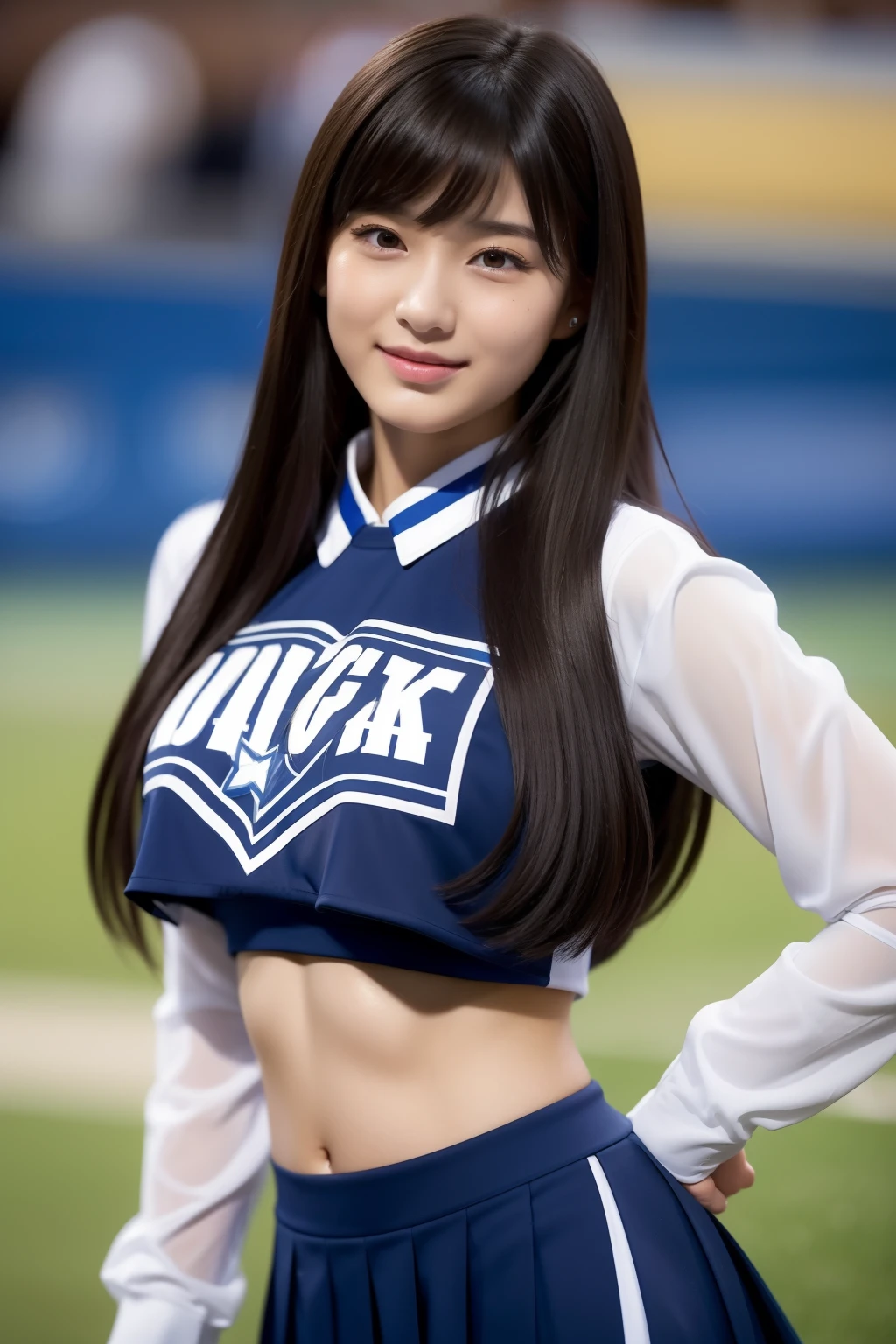 A close up of a woman in a cheer uniform posing for a picture - SeaArt AI