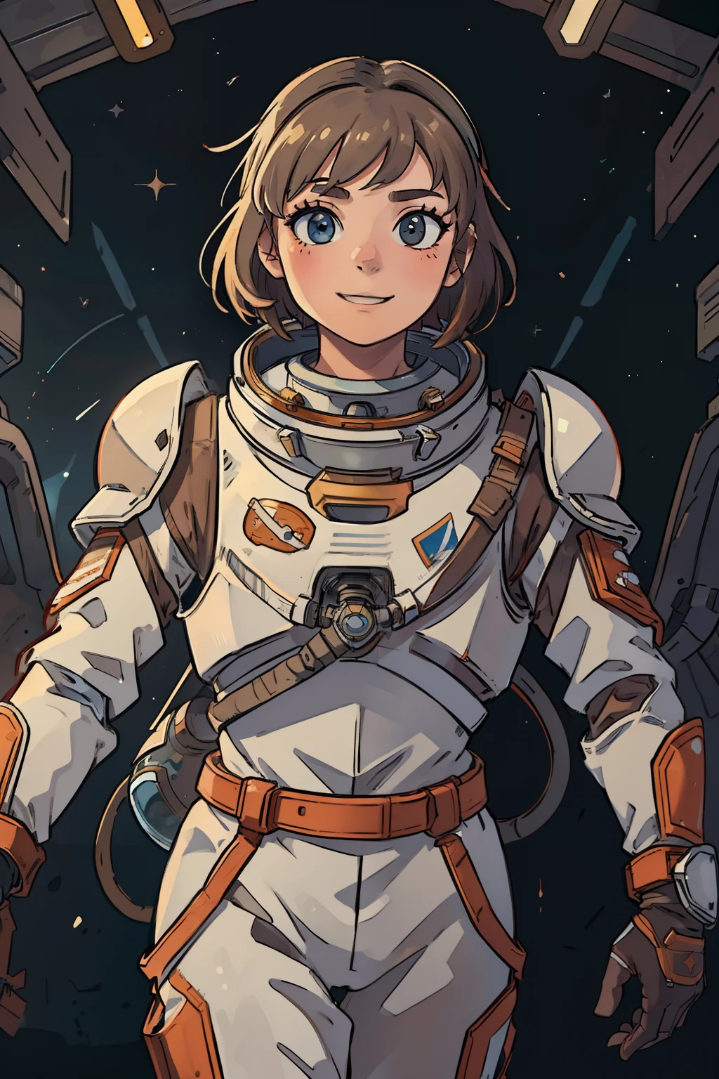 professional artwork, detailed eyes, beautiful eyes, beautiful face, flawless face, gorgeous face, smooth features, blush, short hair, beautifully detailed background, adventurous astronaut knight in armored space suit holding glowing sword made of light, space suit looks like knight armor, space suit, thick heavy space suit, environment suit, hoses and tubes on suit, dials and switches, space suit backpack, nasa, nasa punk, nasapunk, astronaut, astronaut suit, cosmonaut, medieval knight, knight armor, leather armor and metal armor, mechanical background, sci fi, science fiction, futuristic, fantasy armor, full plate armor, medieval armor, knight helmet, knight visor, grilled faceplate, large helmet, big helmet, heavy collar, vacuum seal ring around neck, life support systems, rustic material, heavy stitching, thick leathers, armored breastplate, armored chest, leather gloves, rustic craftsmanship, adventurous, adventure, cute, smiling, shoulder pads, armor, white and orange outfit, heraldry, sides of head is shaved, cropped haircut, helmet on head, cassette futurism, gloved hands, bulky space suit, bulky armor