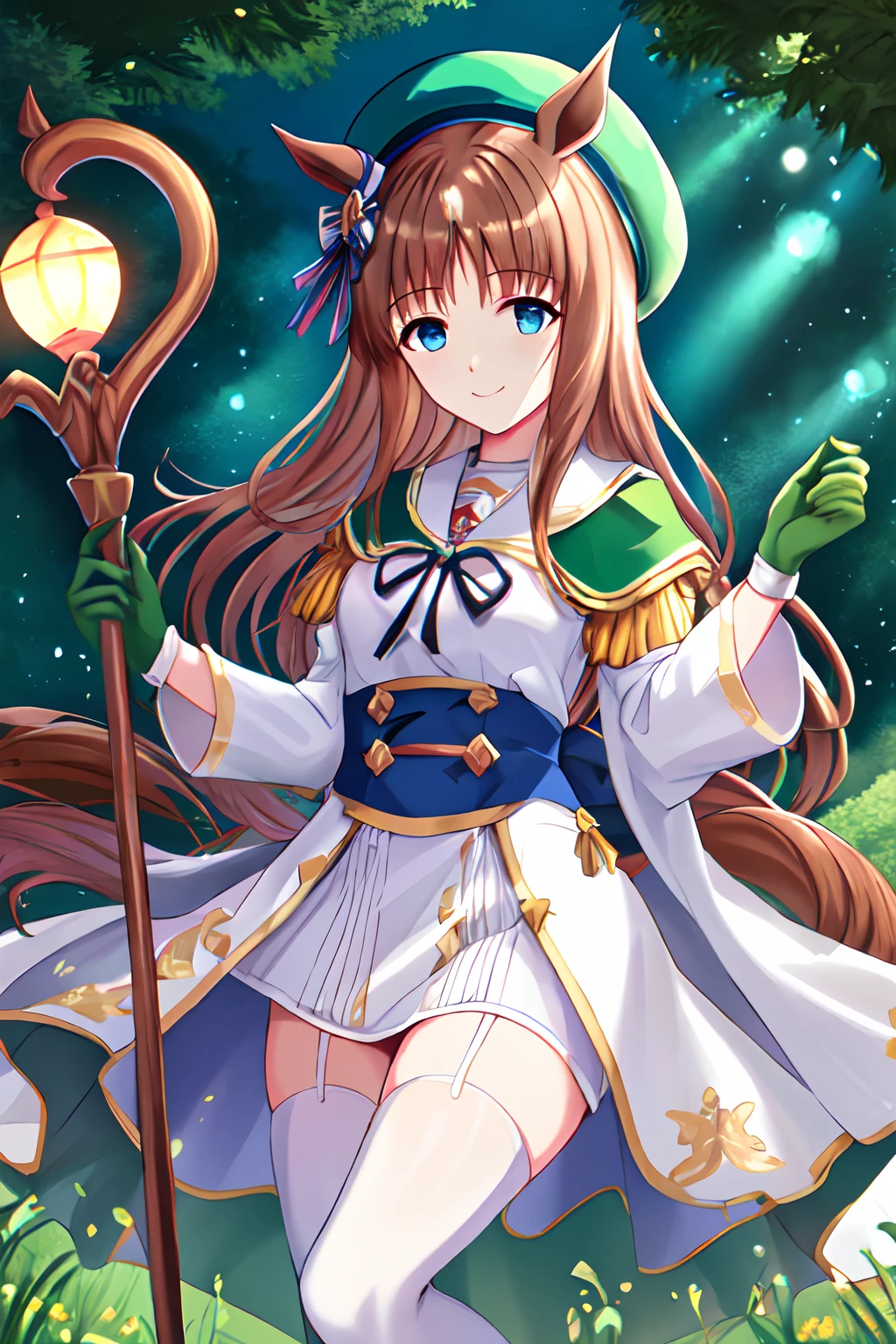 illustration, top quality, beautiful lighting, fine shade; fantasy forest, fine day; beautiful detailed hand, beautiful bodyline; grass wonder \(umamusume\), hat, beret, green headwear, white gloves, white dress, long sleeves, official alternate costume, white thighhighs, holding the staff, white fantasy style robe, calm smile