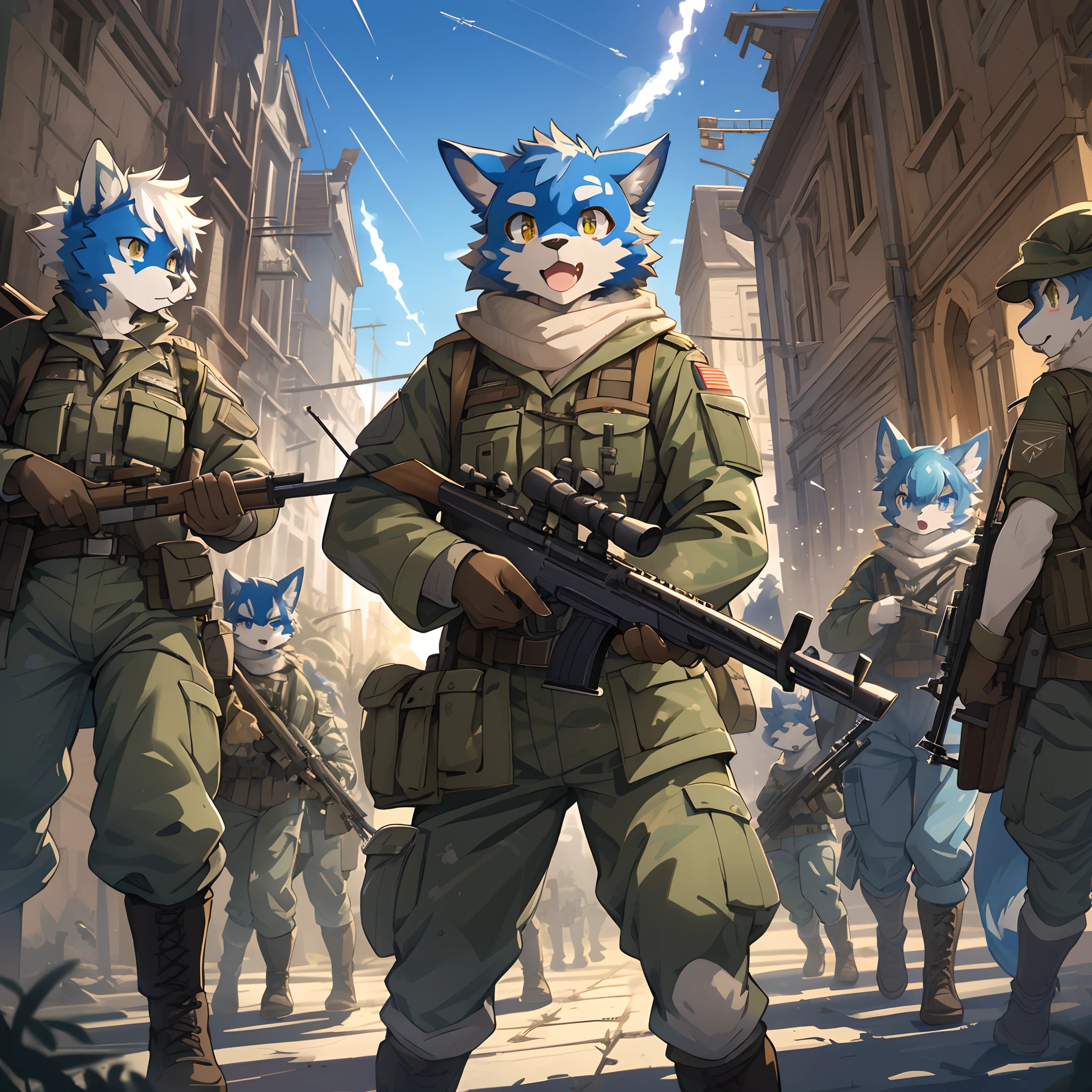 top quality, best quality, High-quality illustrations, masterpiece, super high resolution, detailed background, Military Headquarters, Maritime Self-Defense Force, rifle, sniper, battlefield, 6+boys, 6+girls, absurdres(highly detailed beautiful face and eyes)perfect anatomy, expression, good lighting, cinematic shadow(kemono, furry anthro)assorted poses, dynamic angle,