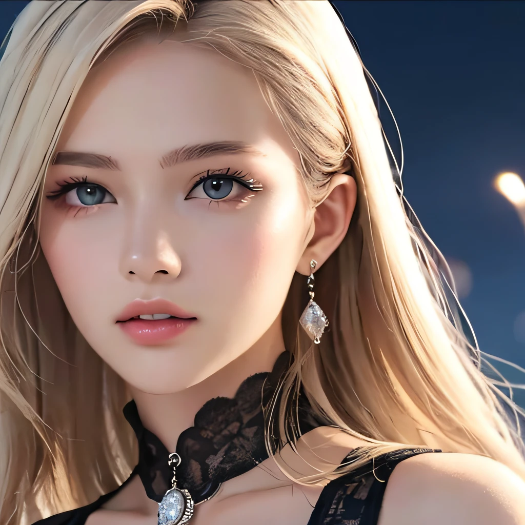 (8K, RAW Photos, of the highest quality, Masterpieces: 1.2), (Realistic, Photorealistic: 1.37), Highest Quality, Ultra High Resolution, light  leaks, Dynamic lighting, Slim and smooth skin, (Full body:1.3), (Soft Saturation: 1.6), (Fair skin: 1.2), (Glossy skin: 1.1), Oiled skin, 22 years old, Night, shiny white blonde, Well-formed, Hair fluttering in the wind, Close-up shot of face only, Physically Based Rendering, From multiple angles, Bvlgari dresses, Fireworks