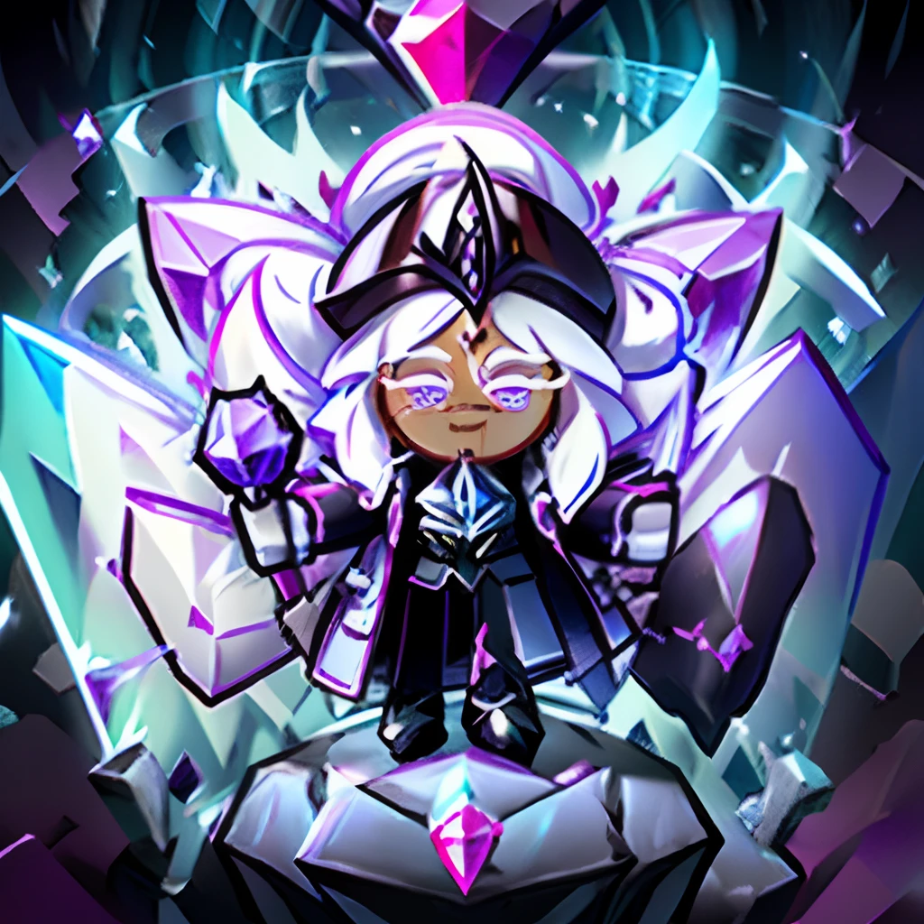 Windwitch Crystal Bell as a Cookie Run Character,(( Solo,1Male)), long white hair , in a Ponytail , purple and White suit with Tailcoat, purple crystals, Evil , sinister,corrupta, ((Masterpiece)),( High Aesthetic), ((highest quality))