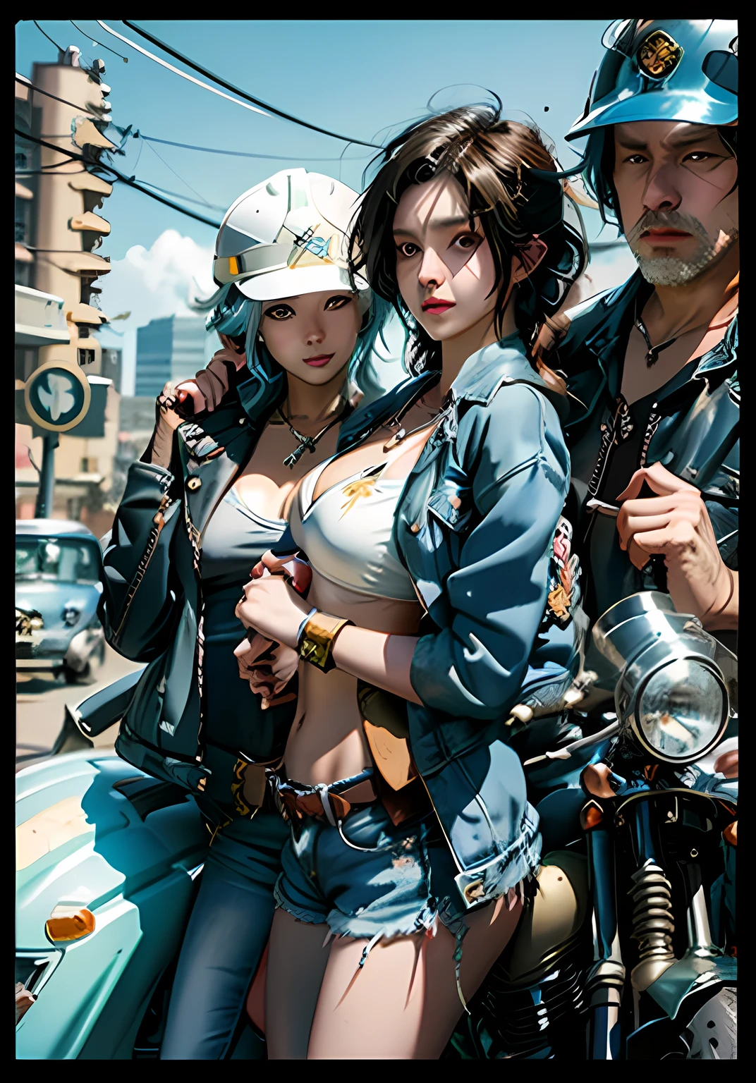 On s&#39;appuie contre une moto Weiss en portant un haut de bikini，Femme en short en jean，Tenant un casque de chantier dans sa main，et un homme en veste,Un homme obscène à l&#39;arrière porte un collier， un cyberpunk oppai, détail supplémentaireed, couverture de bande dessinée, fantaisie, , détail supplémentaire, , pochette de couverture, , (SFV) travailler en toute sécurité,