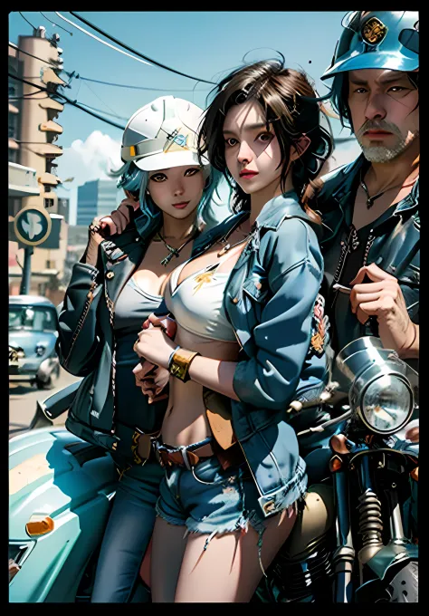 One leans against a Weiss motorcycle wearing a bikini top，Woman in denim shorts，Holding a hard hat in his hand，and a man in a ja...