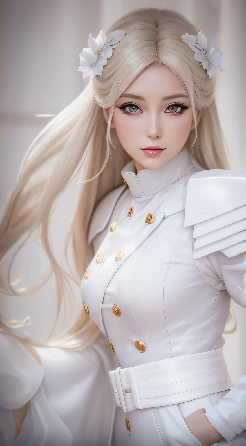 A close up of a woman with long blonde hair wearing a white dress - SeaArt  AI