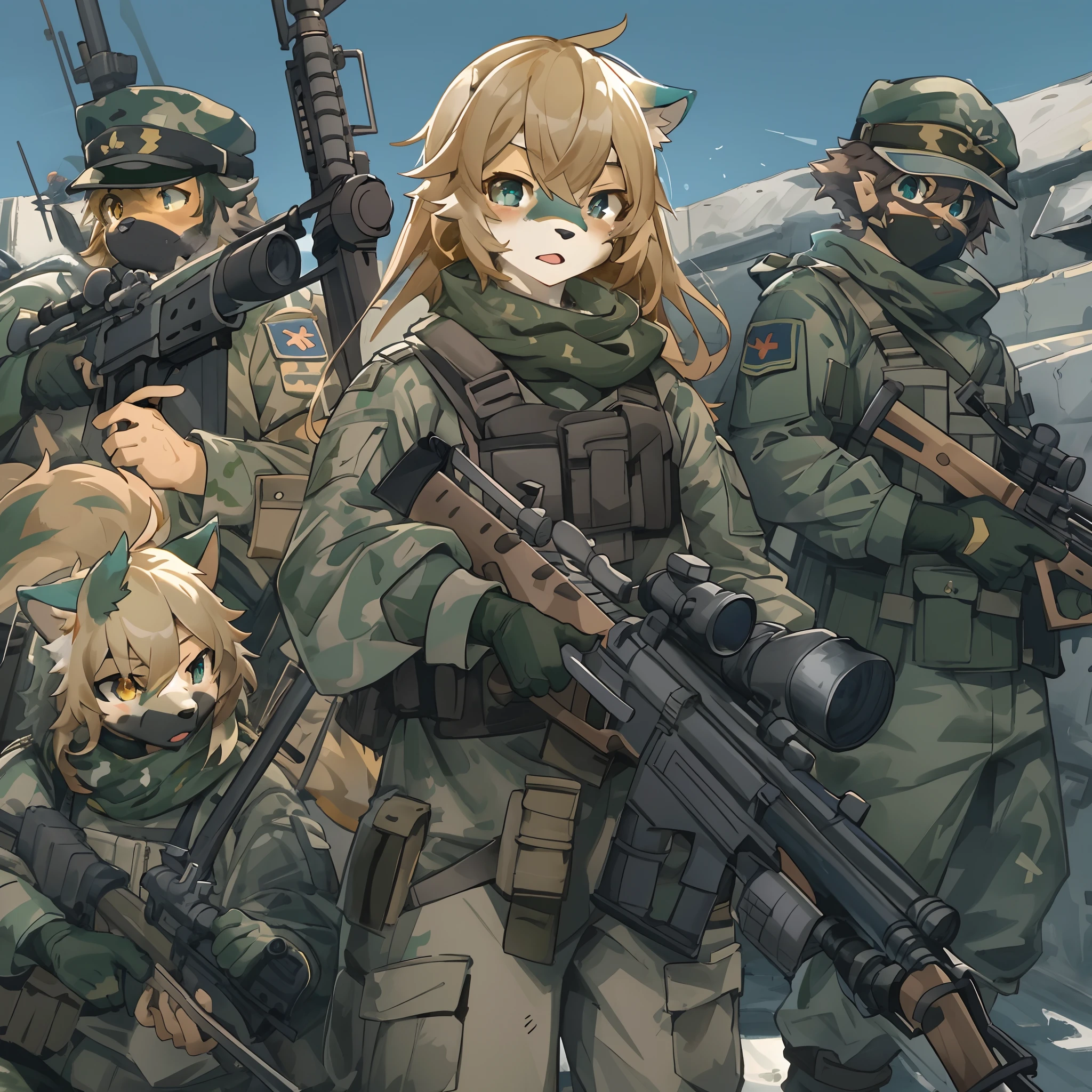 top quality, best quality, High-quality illustrations, masterpiece, super high resolution, detailed background, Military Headquarters, Maritime Self-Defense Force, rifle, sniper, battlefield, 6+boys, 6+girls, absurdres(highly detailed beautiful face and eyes)perfect anatomy, expression, good lighting, cinematic shadow(kemono, furry anthro)assorted poses, dynamic angle,