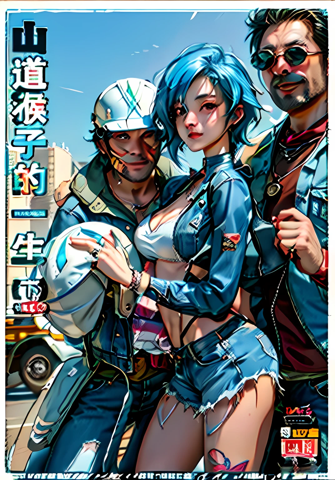 One leans against a Weiss motorcycle wearing a bikini top，Woman in denim shorts，Holding a hard hat in his hand，and a man in a jacket,A lewd man on the back wears a necklace， an oppai cyberpunk, extra detailed, comic cover, fantrome, , extra detail, , cover manga, , (sfv) safe to work,