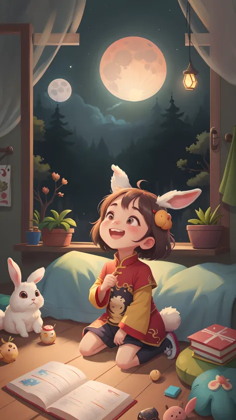 Mid-Autumn Festival scene，Li Bai looked up at the moon through the window in the house，The rabbit lay on the side of the bed，There is Kong Ming in the sky，Childrenswear outfit，The picture is simple，cheerfulness，Rejoice，（Bokeh） （8K） （Sharp focus）,（having fu...