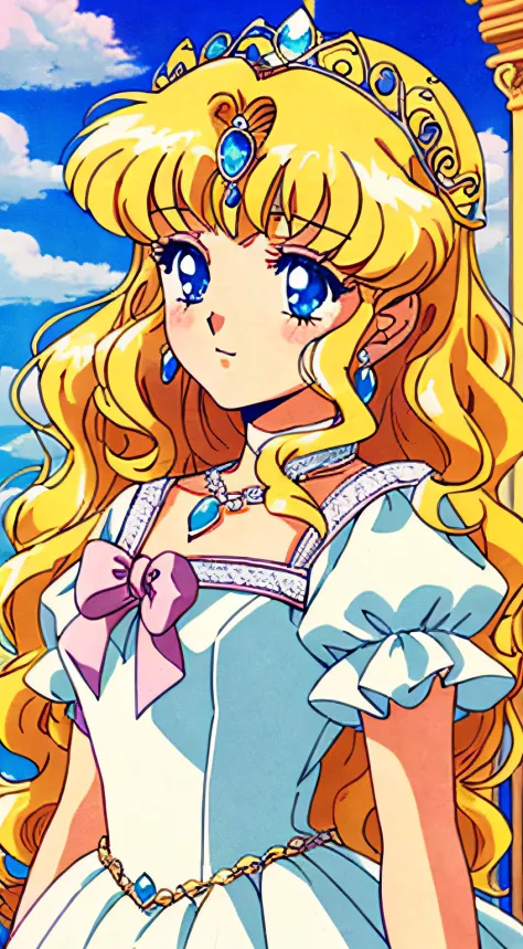 1 princess，thick blonde curls，(gorgeous white dress、tiara crown、jewelry)，pretty eyes，blush，pastelcolor，retro anime，1990s anime，t...