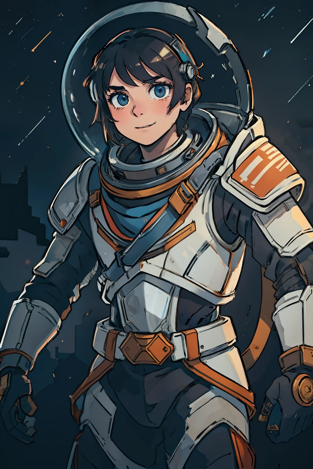 battle scene, professional artwork, detailed eyes, beautiful eyes, beautiful face, flawless face, gorgeous face, smooth features, blush, short hair, beautifully detailed background, adventurous astronaut knight in armored space suit viewed from behind fighting large monster, space suit looks like knight armor, space suit, thick heavy space suit, environment suit, hoses and tubes on suit, dials and switches, space suit backpack, nasa, nasa punk, nasapunk, astronaut, astronaut suit, cosmonaut, medieval knight, knight armor, leather armor and metal armor, mechanical background, sci fi, science fiction, futuristic, fantasy armor, full plate armor, medieval armor, knight helmet, knight visor, grilled faceplate, large helmet, big helmet, heavy collar, vacuum seal ring around neck, life support systems, rustic material, heavy stitching, thick leathers, armored breastplate, armored chest, leather gloves, rustic craftsmanship, adventurous, adventure, cute, smiling, shoulder pads, armor, white and orange outfit, heraldry, sides of head is shaved, cropped haircut, helmet on head, cassette futurism, gloved hands, bulky space suit, bulky suit, tubes and hoses, valves, mechanical, sword and shield, neon light, neon glow, neon, cuirass, pauldrons, chest armor, heavy metal chest armor, beam sword, large robot enemy, plasma sword, light saber, holographic, hero versus enemy, boss fight, david and goliath