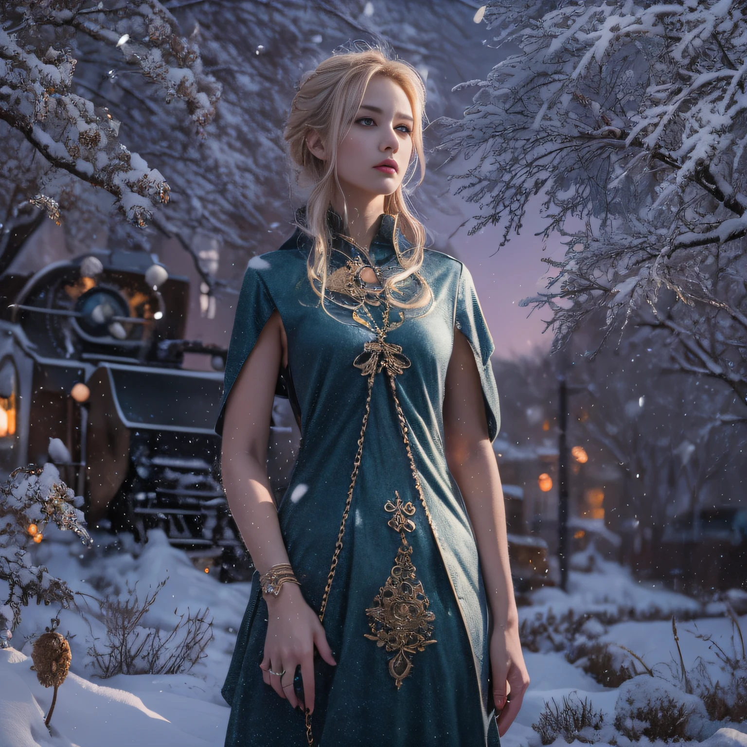 32K,（tmasterpiece，k hd，hyper HD，16k）short detailed hair，Vintage train sleeper area，Snow Circle Witch ，Two Golden Dragon Protectors （realisticlying：1.4），Python robe，Purple apron，Snowflakes fluttering，The background is pure， A high resolution， the detail， RAW photogr， Sharp Re， Nikon D850 Film Stock Photo by Jefferies Lee 4 Kodak Portra 400 Camera F1.6 shots, Rich colors, ultra-realistic vivid textures, Dramatic lighting, Unreal Engine Art Station Trend, cinestir 800，