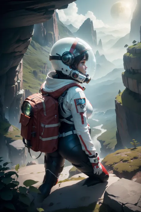 (35mmstyle:1.2), Highly detailed RAW color Photo, Rear Angle, Full Body, of (female space marine, wearing white and red space suit, futuristic helmet, tined face shield, rebreather), outdoors, (standing on Precipice of tall rocky mountain, looking out at m...