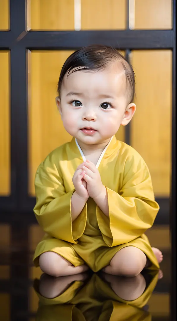 A two-year-old little monk，ultra cute，Looks sweet，The face of a two-year-old，，bald-headed，Wear a Chinese yellow cassock，Sit cros...