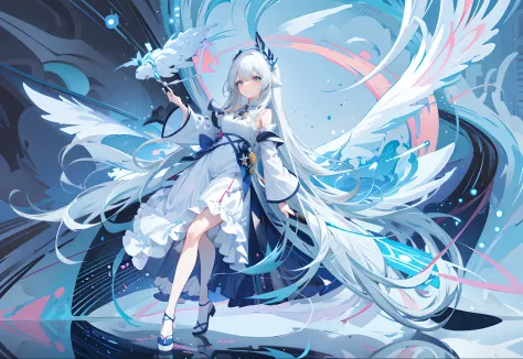 anime girl with long white hair and blue dress holding a wand, anime art wallpaper 16k, anime art wallpaper 4k, anime art wallpa...