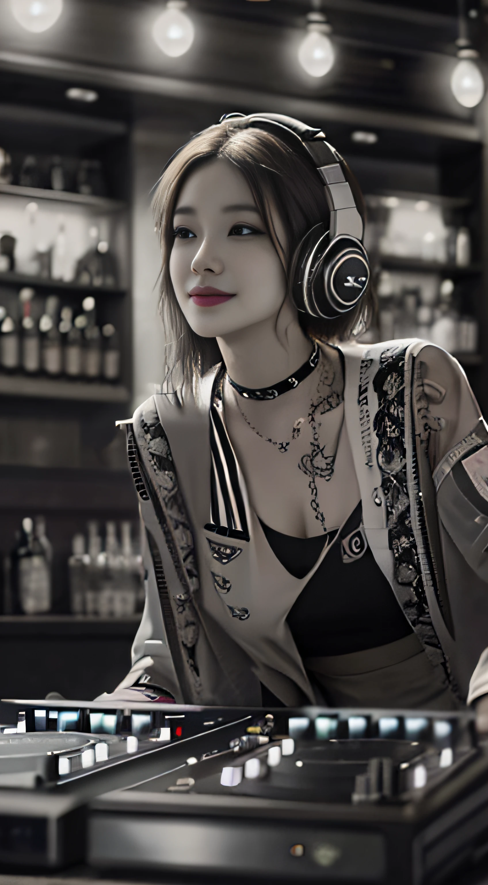 best qualtiy，tmasterpiece，超高分辨率，(fidelity:1.4)，(B&W:1.3)，professinal，photography of，1个Giant Breast Girl，Dee bar，Girl wearing headphones，DJ in the bar，Upper body，A female DJ，Look at the crowd，DJ, DJ booth，DJ Player，stage lighting，(buzz cut:1.1)，(Tattooed with:1.1)，cheerfulness，dyna，Gucci, Versace，cruel，choker necklace，Vistas