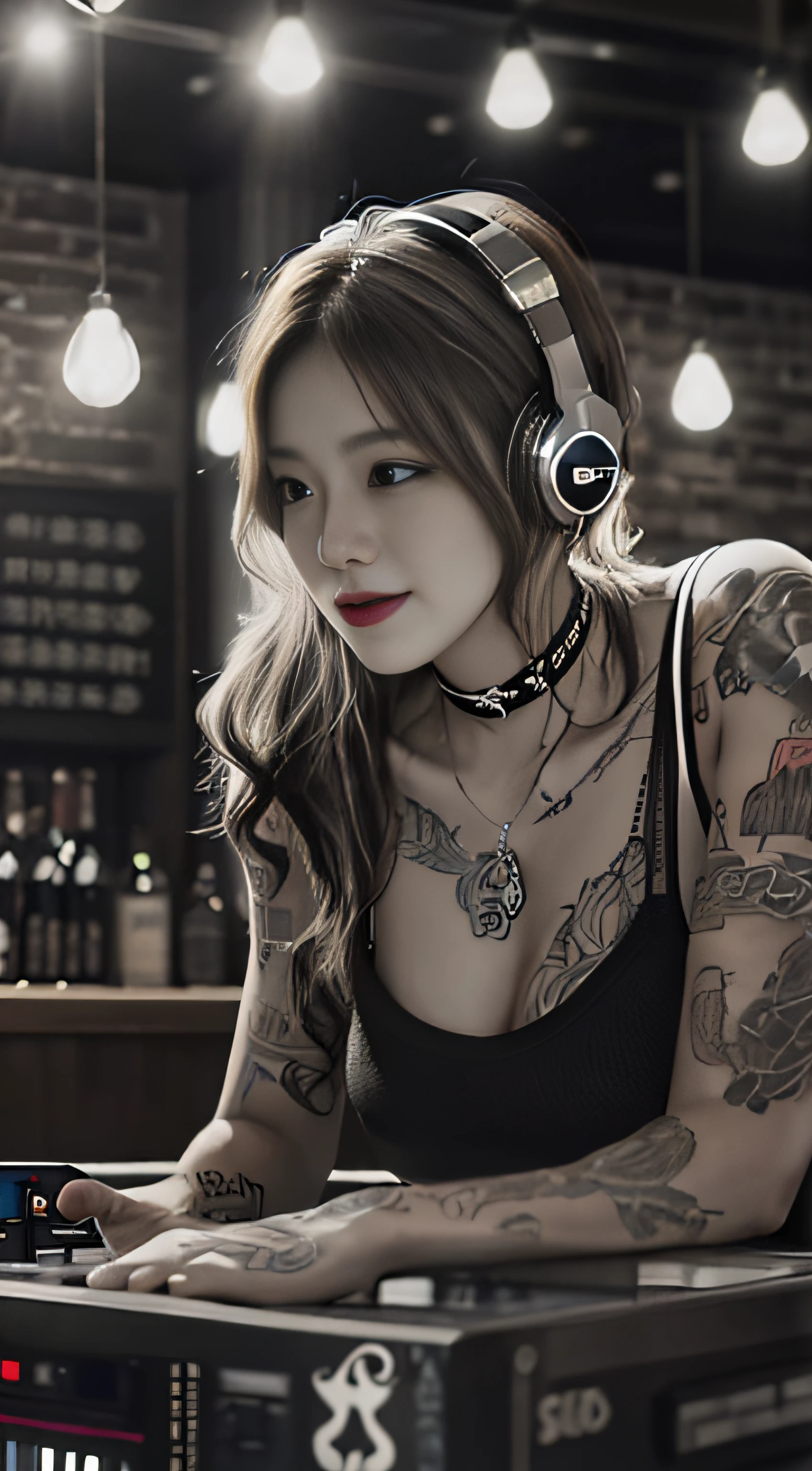 best qualtiy，tmasterpiece，超高分辨率，(fidelity:1.4)，(B&W:1.3)，professinal，photography of，1个Giant Breast Girl，Dee bar，Girl wearing headphones，DJ in the bar，Upper body，A female DJ，Look at the crowd，DJ, DJ booth，DJ Player，stage lighting，(buzz cut:1.1)，(Tattooed with:1.1)，cheerfulness，dyna，Gucci, Versace，cruel，choker necklace，Vistas