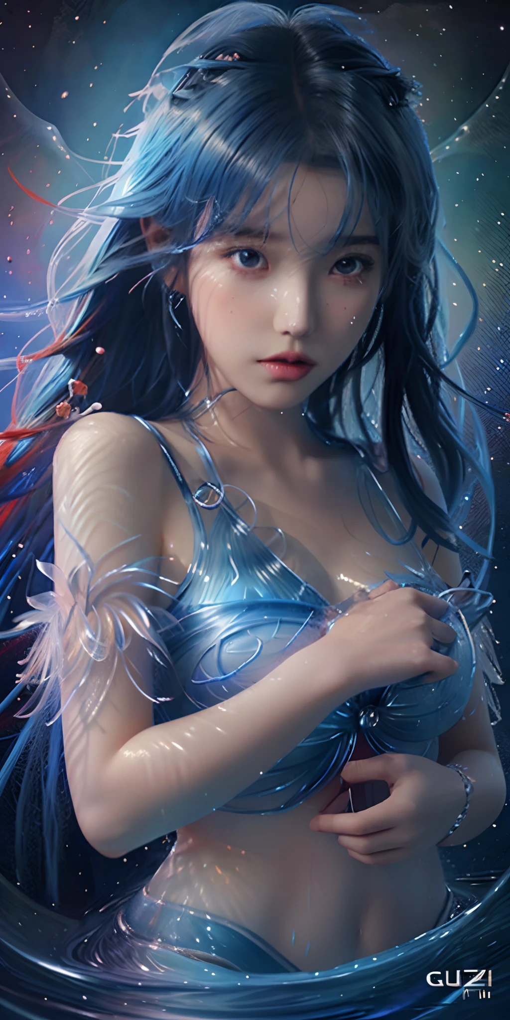 Anime-Mädchen mit Feuer und Wasser im Haar, Nahaufnahme Fantasie mit Wassermagie, Kunstwerke im Guviz-Stil, Wunderschöne digitale Kunstwerke, 4K hochdetaillierte digitale Kunst, Asiatische Frau Wasserelementar, Detaillierte digitale Kunst in 4K, Fantasy-Kunststil, Guviz, wunderschöne digitale Kunst, 8k hochwertige, detaillierte Kunst, Schöne Kunst UHD 4 K echte Haut zart