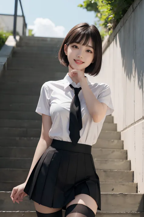 Korean School Uniform、Summer School Uniform Shirts、Tight shirt、Ribbon tie、skirt by the、Schools、stairs at school、Emphasize your chest with both arms、arms in arms、Slender big、8K raw photos、hight resolution、age:20、japanes、Eye of the cut、very large round breas...