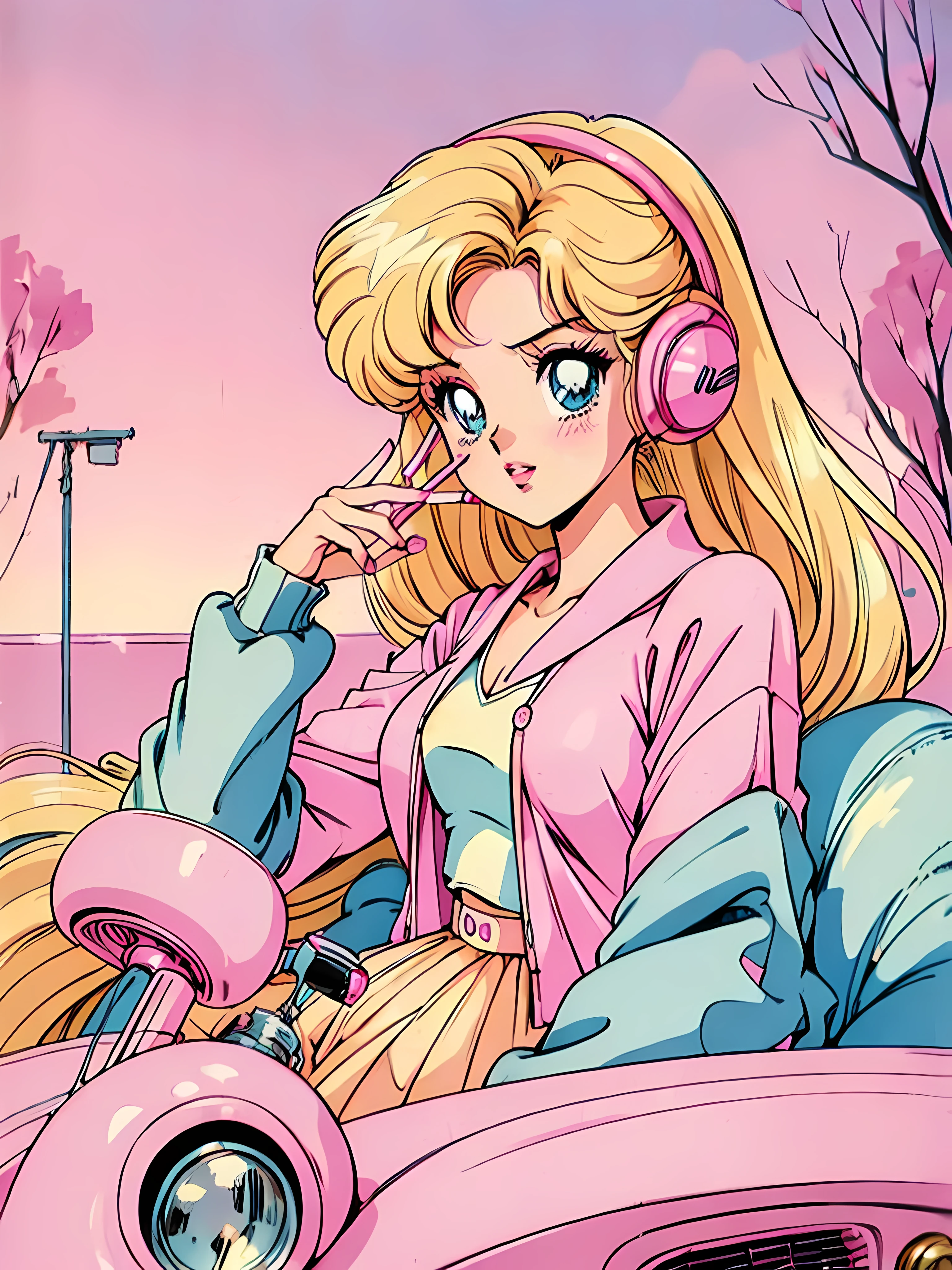 (Barbie rubia:1.2),(trajes rosas:1.1),(años 90:1.1),(estilo anime romántico:1.3), sentado en el auto rosa, cárdigan rosa, pelo negro, brillo de labios, cigarrillo