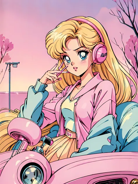 (Blonde Barbie:1.2),(pink outfits:1.1),(vintage 90's:1.1),(romance anime style:1.3), sitting in Pink car, Pink cardigan, black h...