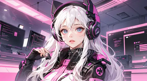 "Create a gamer girl, Her white hair with headphones over pink ears, Her eyes match the same pink color, The background is predominantly pink, Quality is 4K or higher. " cyberpunked