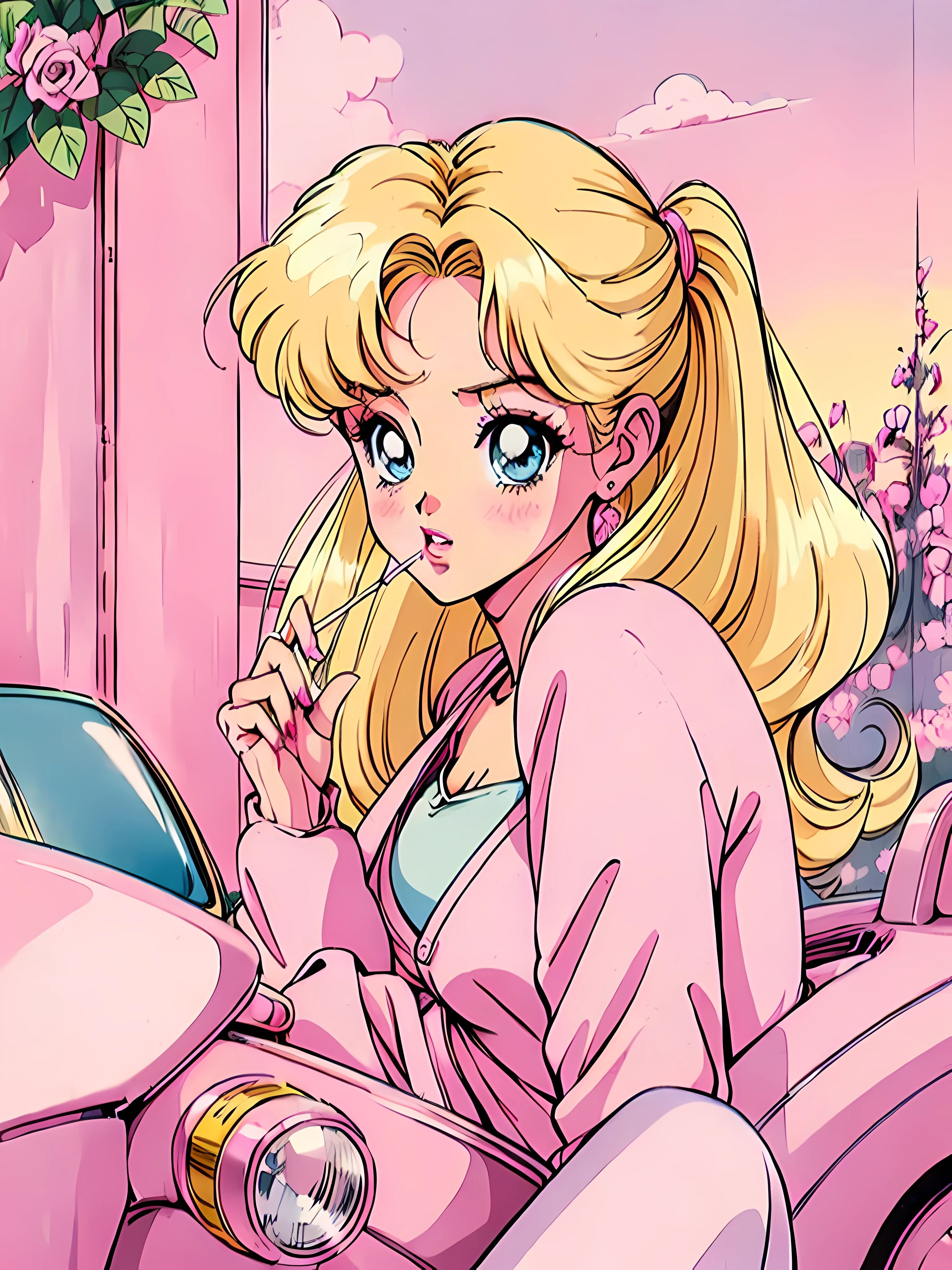 (Barbie rubia:1.2),(trajes rosas:1.1),(años 90:1.1),(estilo anime romántico:1.3), sentado en el auto rosa, cárdigan rosa, cigarrillo