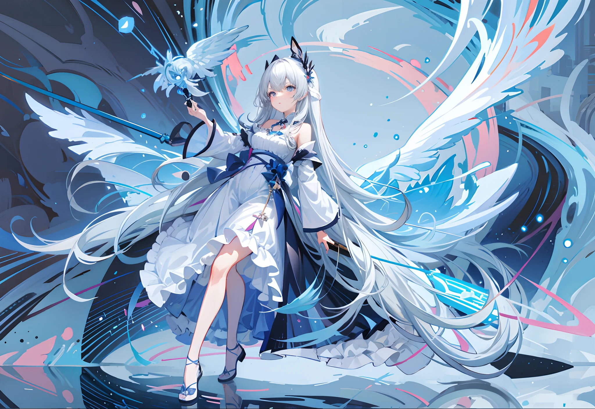 anime girl with long white hair and blue dress holding a wand, anime art wallpaper 16k, Anime art wallpaper 4k, Anime art wallpaper 4 K, Digital art on Pixiv, White-haired god, wallpaper anime blue water, Best anime 4k konachan wallpaper, beautiful fantasy anime, ultra hd anime wallpaper, ethereal anime，Hand detail，Exquisitehands，tmasterpiece，Masterpiece，Fine lines