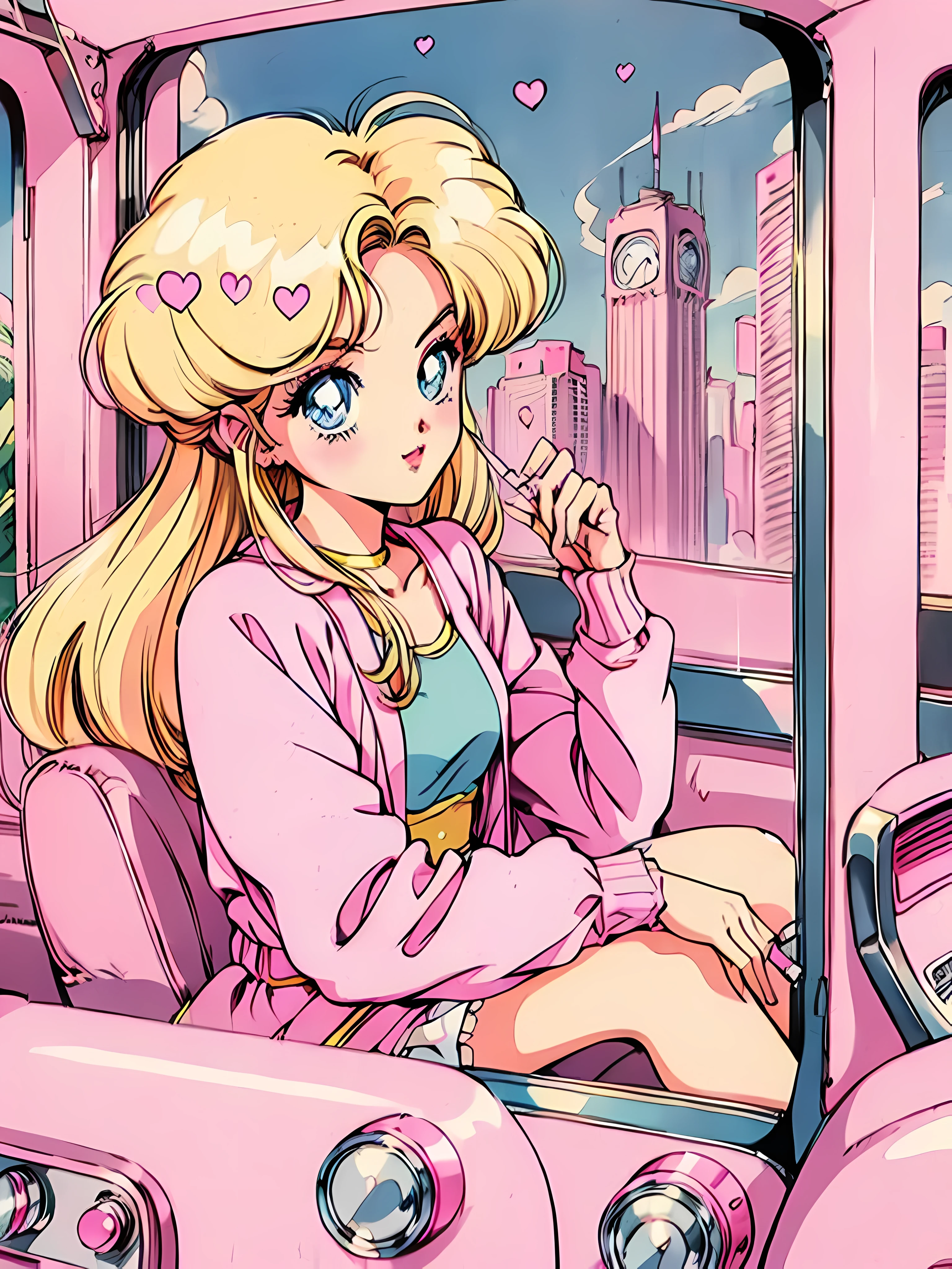 (Blonde Barbie:1.2),(rosa Outfits:1.1),(Jahrgang 90er Jahre:1.1),(Romantik im Anime-Stil:1.3), sitze im rosa Auto, rosa Strickjacke, Rauchen, lange Haare, kein Pony