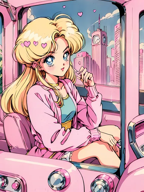 (Blonde Barbie:1.2),(pink outfits:1.1),(vintage 90's:1.1),(romance anime style:1.3), sitting in Pink car, Pink cardigan, smoking, long hair, no bangs