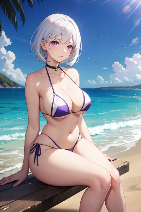"1 woman with white hair and purple eyes, wearing a bikini, sitting on a beautiful beach, surrounded by mesmerizing light particles and rays of sunlight. She is sitting with her hands on the sand, knees close together, in a point of view shot from the fron...