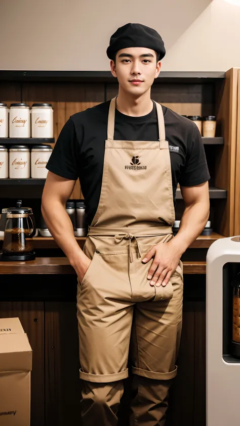 1人，A 20-year-old man in a café，Barista，Coffee is being made，Facial hair，Brown apron，Brown berets，leg apart，whitet-shirt，short wh...