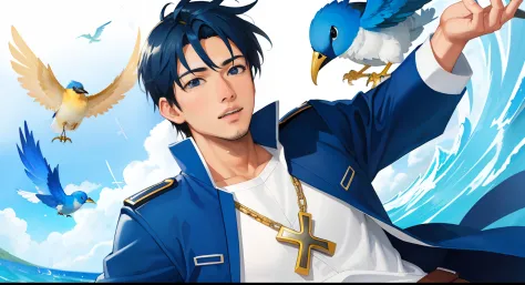 realistic wide shot of captain being carried by a blue bird and x , ((cross-eyed)), drooling