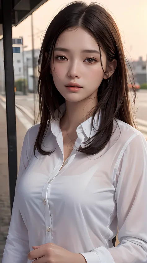 ((Top quality, 8K, Masterpiece: 1.3)), Clear focus: 1.2, Beautiful Women with Perfect Figure: 1.4, Slender abs: 1.2, ((layer cut, Big: 1.2)), (Wet white button up long shirt: 1.1), (rain, street: 1.2), Wet body: 1.5, Highly detailed face and skin texture, ...